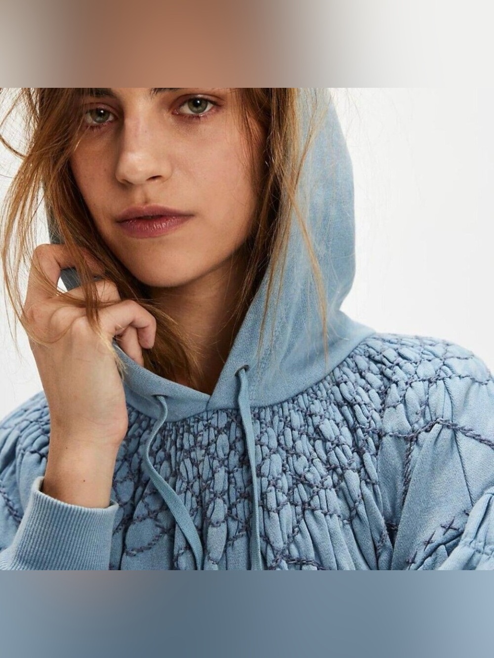 New Free People XS Marty Smocked Mini Sweatshirt Dress Hoodie Blue NWOT $198 - Picture 4 of 8